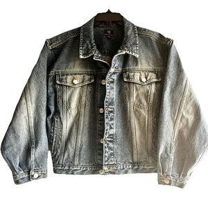 VTG Y2K Bugle Boy Millennium Series Denim Jacket Wolf on Back SZ XL Fade Wash